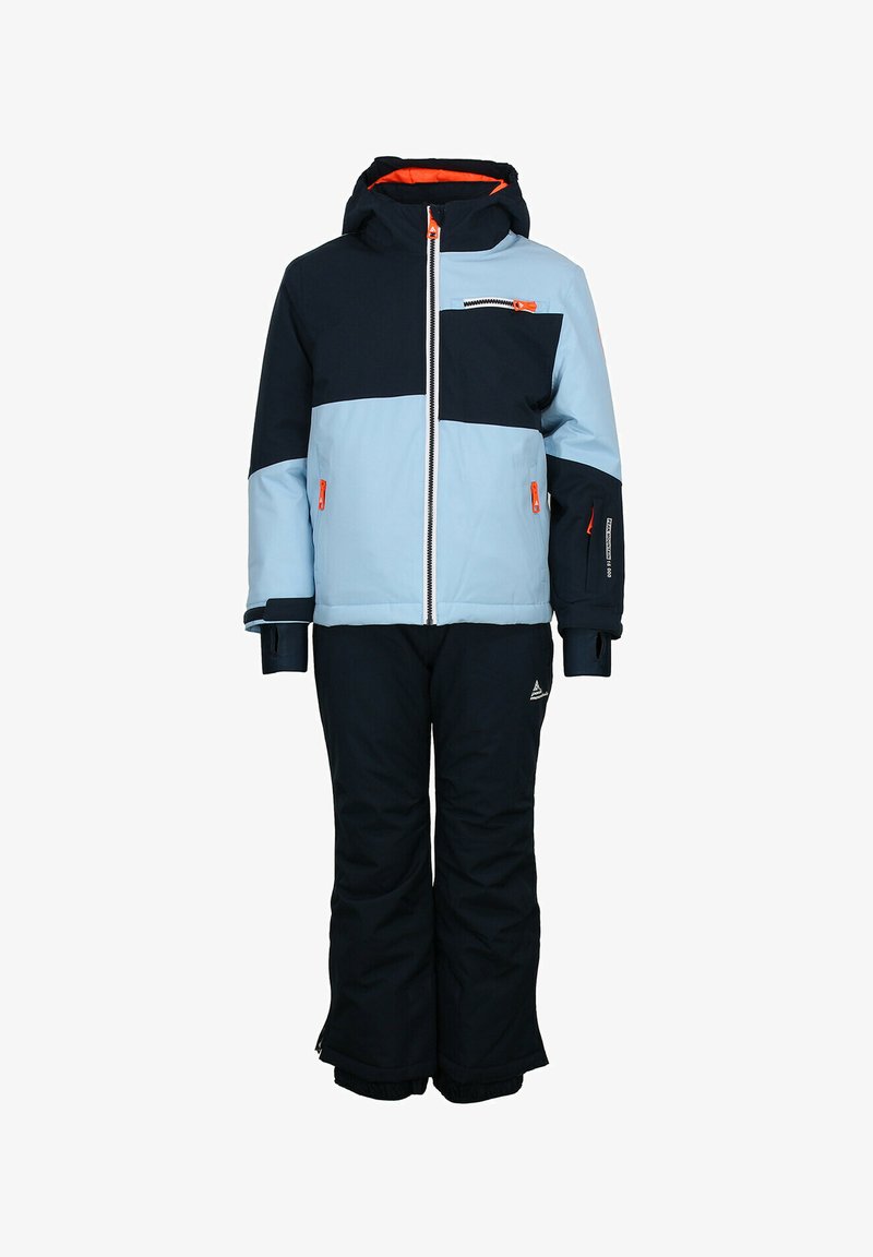 Ensemble de ski en deux pièces avec un design en blocs de couleurs bleu et marine. Fabriqué en matériau imperméable, il dispose d'une capuche, d'une fermeture éclair à l'avant et de poches zippées.