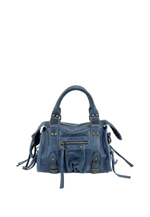 Sac à main en cuir bleu avec une forme structurée, présentant des accessoires en laiton, une poche zippée à l'avant et des liens décoratifs sur les côtés.