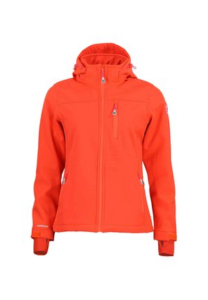 Veste softshell orange au design ajusté, avec une capuche réglable, des poches zippées et des poignets élastiques. Présente des accents roses contrastants.