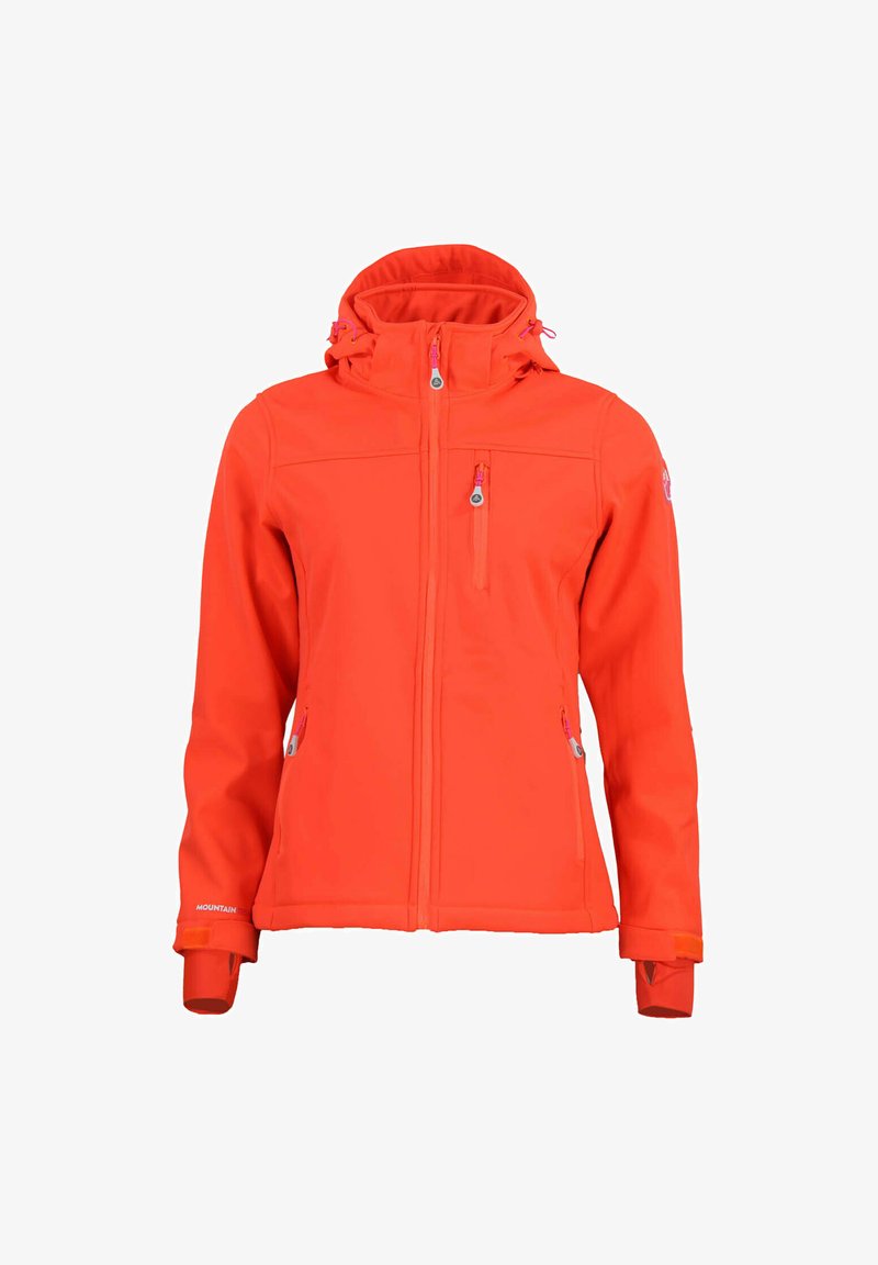 Veste softshell orange au design ajusté, avec une capuche réglable, des poches zippées et des poignets élastiques. Présente des accents roses contrastants.