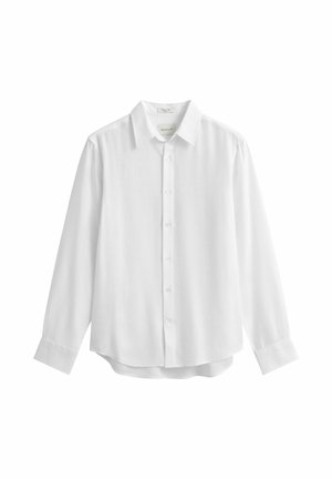 Chemise blanche à manches longues avec col classique et poignets boutonnés, présentée à plat sur un fond blanc.
