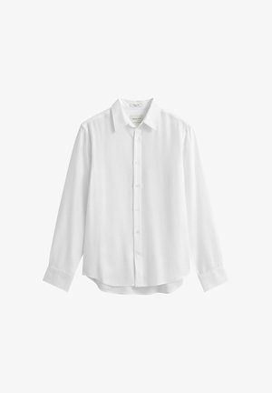 White long-sleeve button-up shirt with classic collar and buttoned cuffs, displayed flat on a white background.