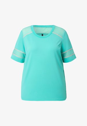 Turquoise sportshirt met korte mouwen en meshpanelen op de schouders en mouwen, met subtiele witte streepdetaillering.