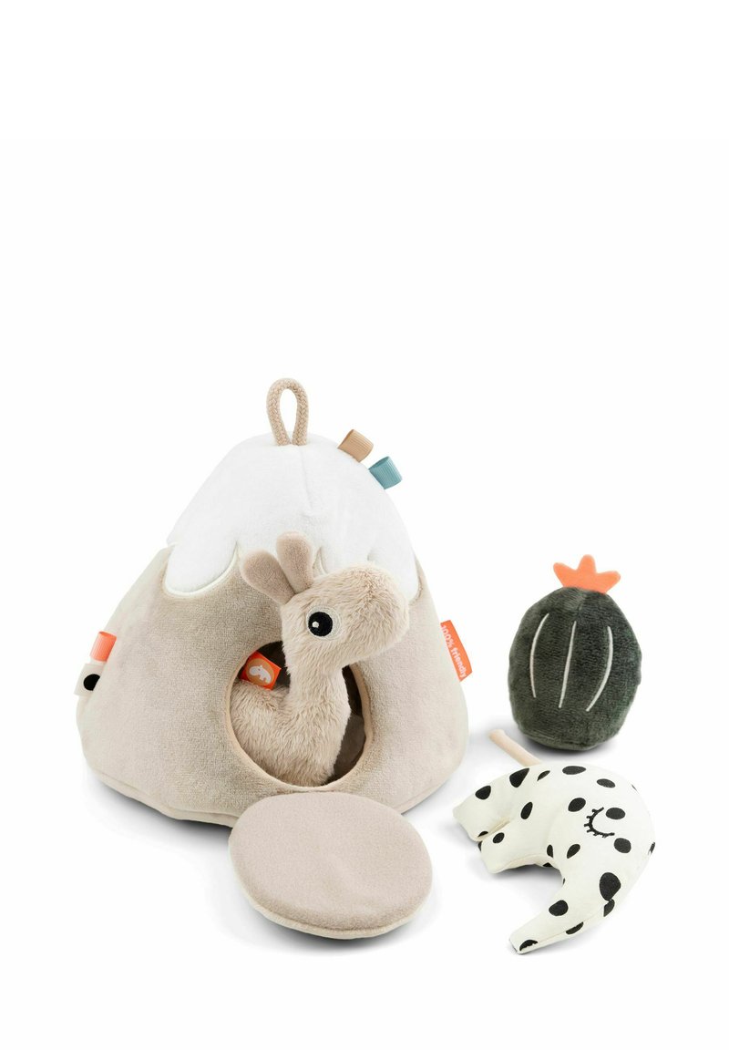 Conjunto de peluches que incluye una cueva beige con una parte superior blanca, un pequeño caracol beige, un cactus verde y una luna blanca con manchas negras.