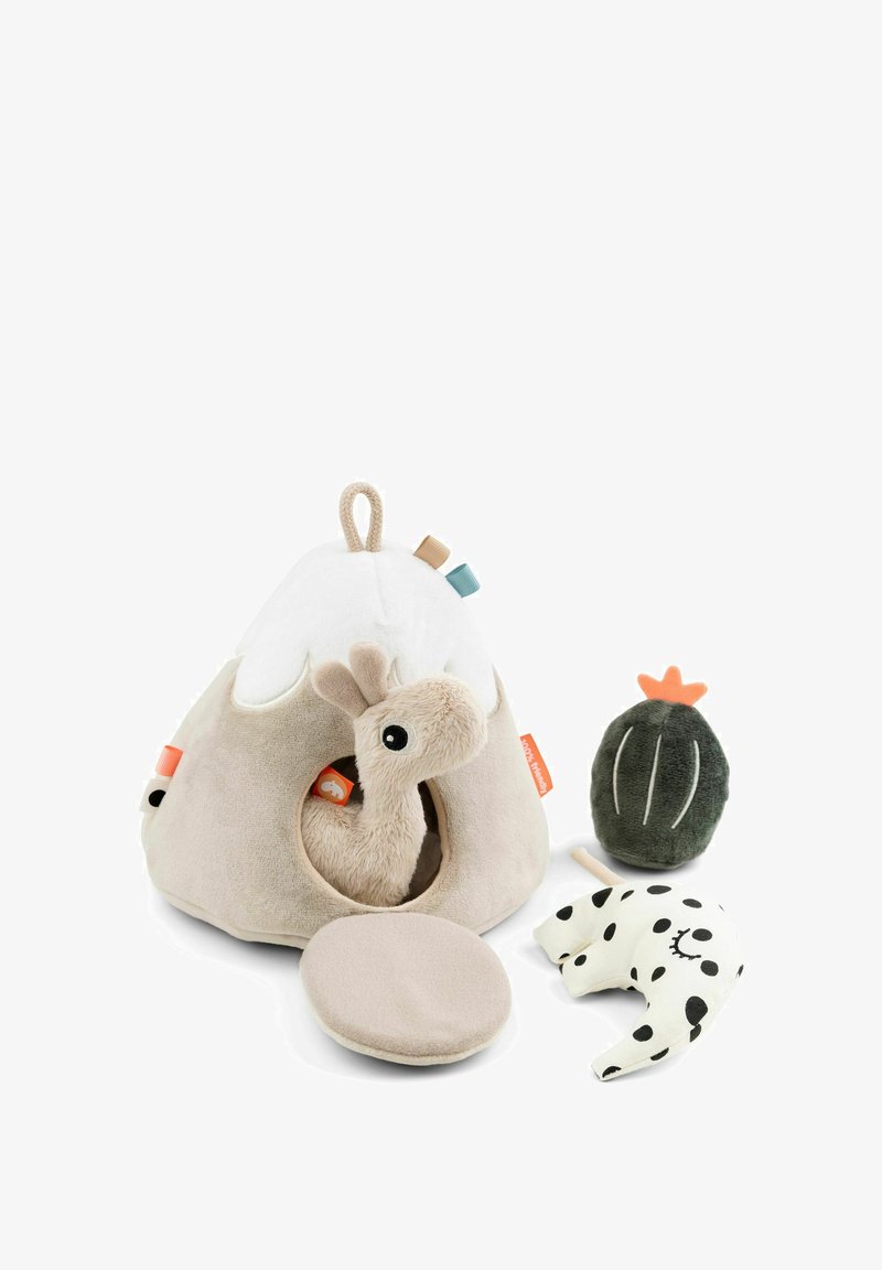 Plush legetøjsæt med en beige hule med en hvid top, en lille beige snegl, en grøn kaktus og en hvid måne med sorte pletter.