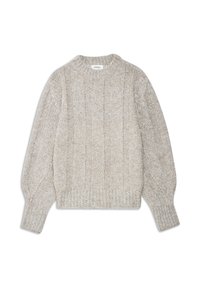 Hladký pletený svetr v světle šedé barvě s vroubkovanou strukturou, kulatým výstřihem a balónovými rukávy. Vyznačuje se volným střihem a jemným leskem.