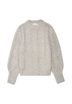 Chunky pleteni pulover u svijetlosivoj boji s rebrastom teksturom, okruglim izrezom i balon rukavima. Ima opušteni kroj i suptilni sjaj.