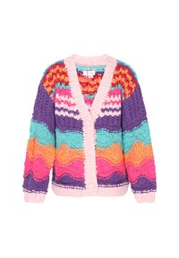 Flerfärgad kofta med ett kraftigt stickmönster; har rosa, lila, orange, teal och zigzag detaljer; knäppning med knappar och vida ärmar.