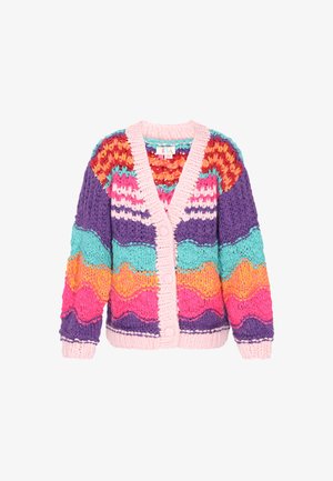 Cardigan multicolor cu un model tricotat gros; prezintă accente roz, violet, portocaliu, teal și zigzag; închidere cu nasturi și mâneci largi.
