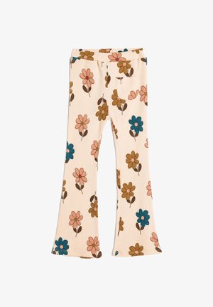 Crème-kleurige kinderbroek met uitlopende pijpen, versierd met grote roze, bruine en blauwe bloempatronen en een klein voorvak.