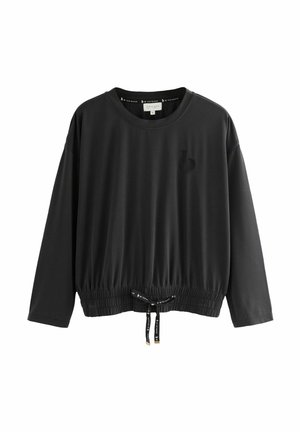 Schwarzes Langarmoberteil mit rundem Halsausschnitt, gerüschtem elastischen Saum, verstellbarem Kordelzug und kleinem geprägten Logo auf der Vorderseite.