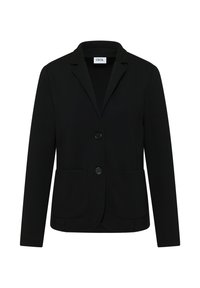 Blazer nero realizzato in morbido tessuto, con rever a punta, due bottoni e due tasche anteriori. Design elegante e sartoriale.