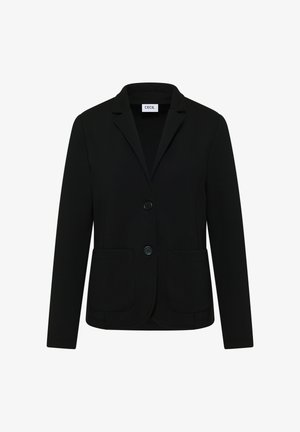 Zwarte blazer van zacht stof, met een notch lapel, twee knopen en twee voorzakken. Strak, op maat gemaakt ontwerp.