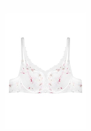 Weißer Spitzen-BH mit floralen Stickereien in verschiedenen Rosa- und Goldtönen, mit geformten Cups, gewellten Kanten und verstellbaren Trägern.