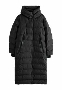 Schwarze Steppjacke mit hohem Kragen, Druckknöpfen, zwei Reißverschlusstaschen und einem gesteppten Muster, das Wärme und Schutz bietet.