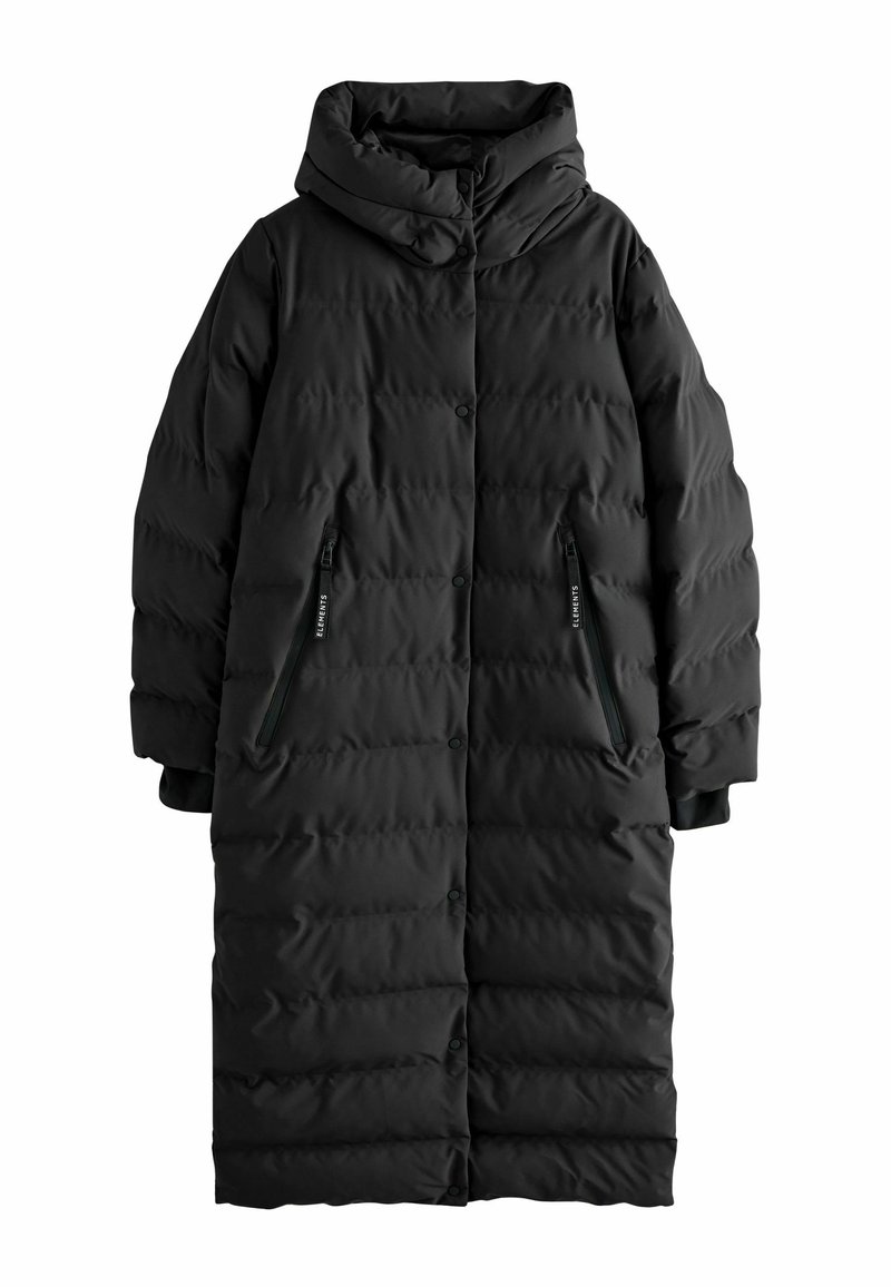 Schwarze Steppjacke mit hohem Kragen, Druckknöpfen, zwei Reißverschlusstaschen und einem gesteppten Muster, das Wärme und Schutz bietet.