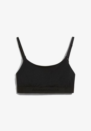 Schwarzer Bralette mit verstellbaren Trägern, aus weichem Stoff gefertigt, mit einem breiten Bund, der am unteren Rand einen geprägt Schriftzug aufweist.