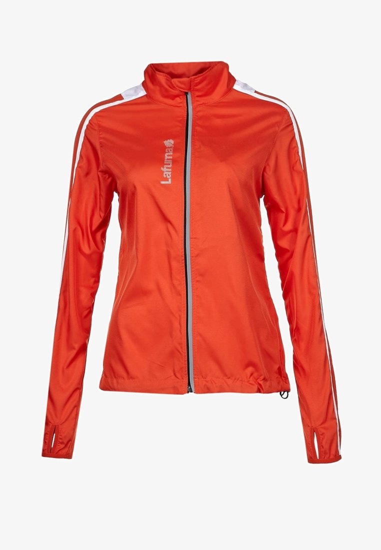 Orange lightweight jacket with a high collar, front zipper, and white side stripes. Features a cinched hem and a printed logo detail.