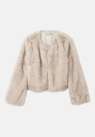 Kein Kunstpelz-Cropped-Jacke in hellem Beige mit langen Ärmeln, rundem Ausschnitt und weicher Textur. Minimalistisches Design, ohne sichtbare Beschläge.