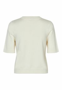 Kortærmet, cremefarvet sweater i blødt strikstof. Har rund halsudskæring og en glat tekstur med en tætsiddende pasform.