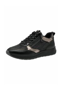 Scarpa atletica nera con tomaia in rete testurizzata, dettagli in pelle e zip laterale. Presenta un colletto imbottito e una suola in gomma flessibile.