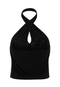 Top negro con cuello halter y un corte en forma de llave, con un diseño de tiras cruzadas y una tela suave y lisa. Estilo simple y minimalista.