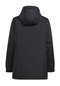 Chaqueta acolchada negra con capucha, puños elásticos y corte recto. El tejido parece suave con un acabado mate. Vista trasera.