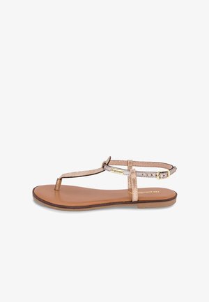 Sandalo infradito in pelle marrone con cinturini e fibbia in metallo dorato. Suola piatta con finitura liscia, design semplice.