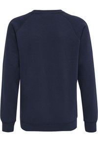 Felpa blu navy con scollo a girocollo, maniche lunghe a raglan e polsini e orlo a costine. Tessuto morbido, senza motivi o grafiche visibili.