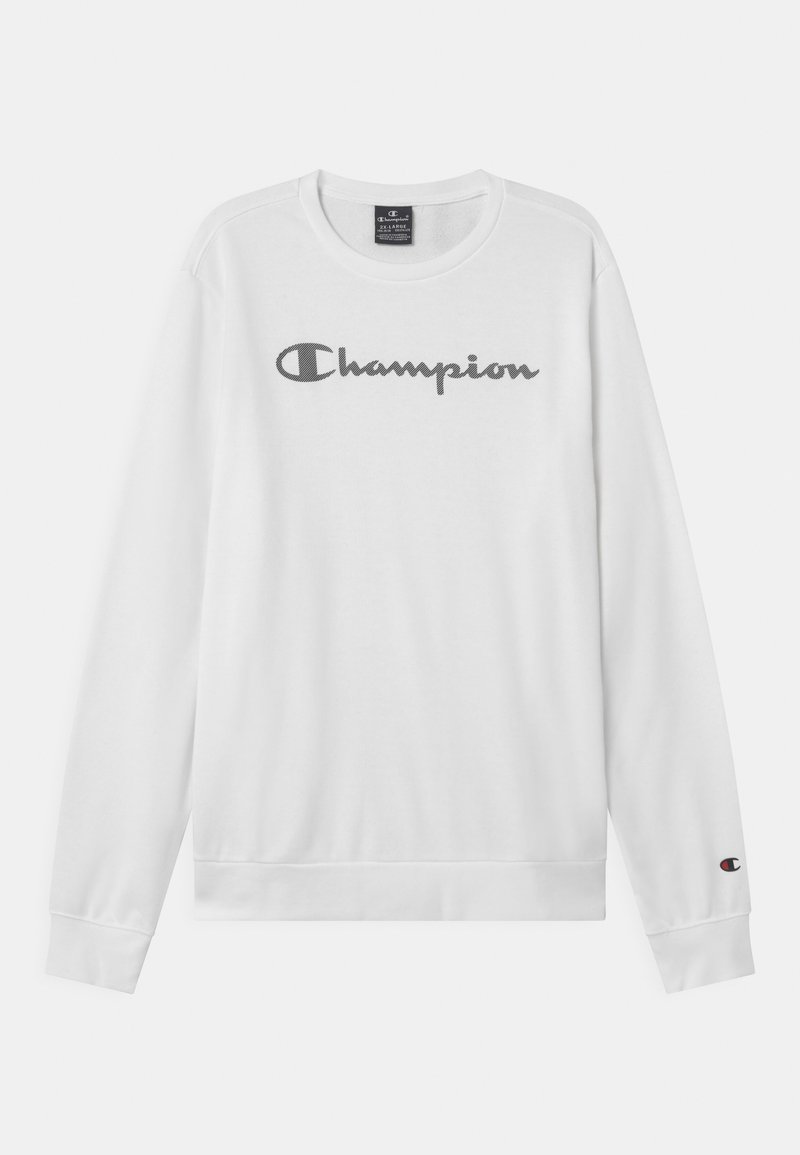 Sweat-shirt blanc en coton, avec un logo "Champion" gris sur la poitrine et des poignets et ourlet côtelés.
