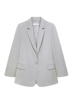 Light gray blazer with a slightly oversized fit, notched lapels, two front pockets, and a single button closure. Textured fabric with subtle shine.