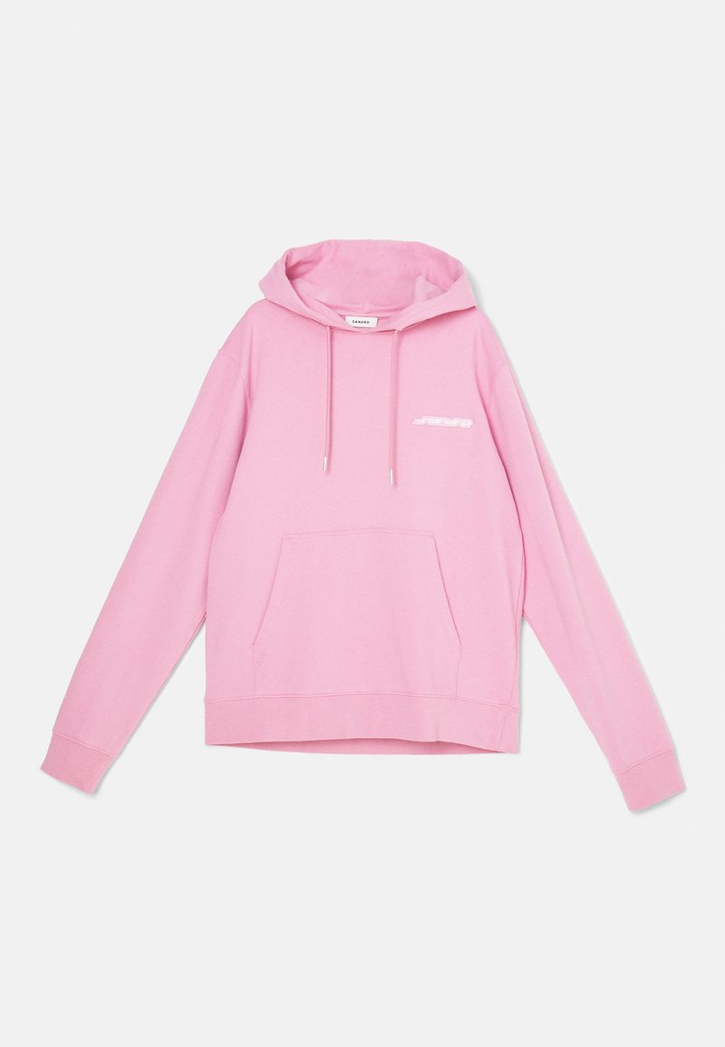Roze hoodie met voorkeurszak, verstelbare trekkoordkap en klein wit logo op de linkerkant van de borst, plat gelegd op een witte achtergrond.