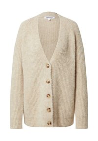 Beige gebreide cardigan met een diepe V-hals en vijf grote knopen aan de voorkant. Zachte textuur met een subtiele ribbelpatroon en een ontspannen pasvorm.
