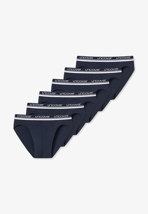 Granatowe bawełniane majtki, sześciopak, z białą gumką z logo oraz klasycznym krojem o gładkiej fakturze i bez widocznych wzorów.