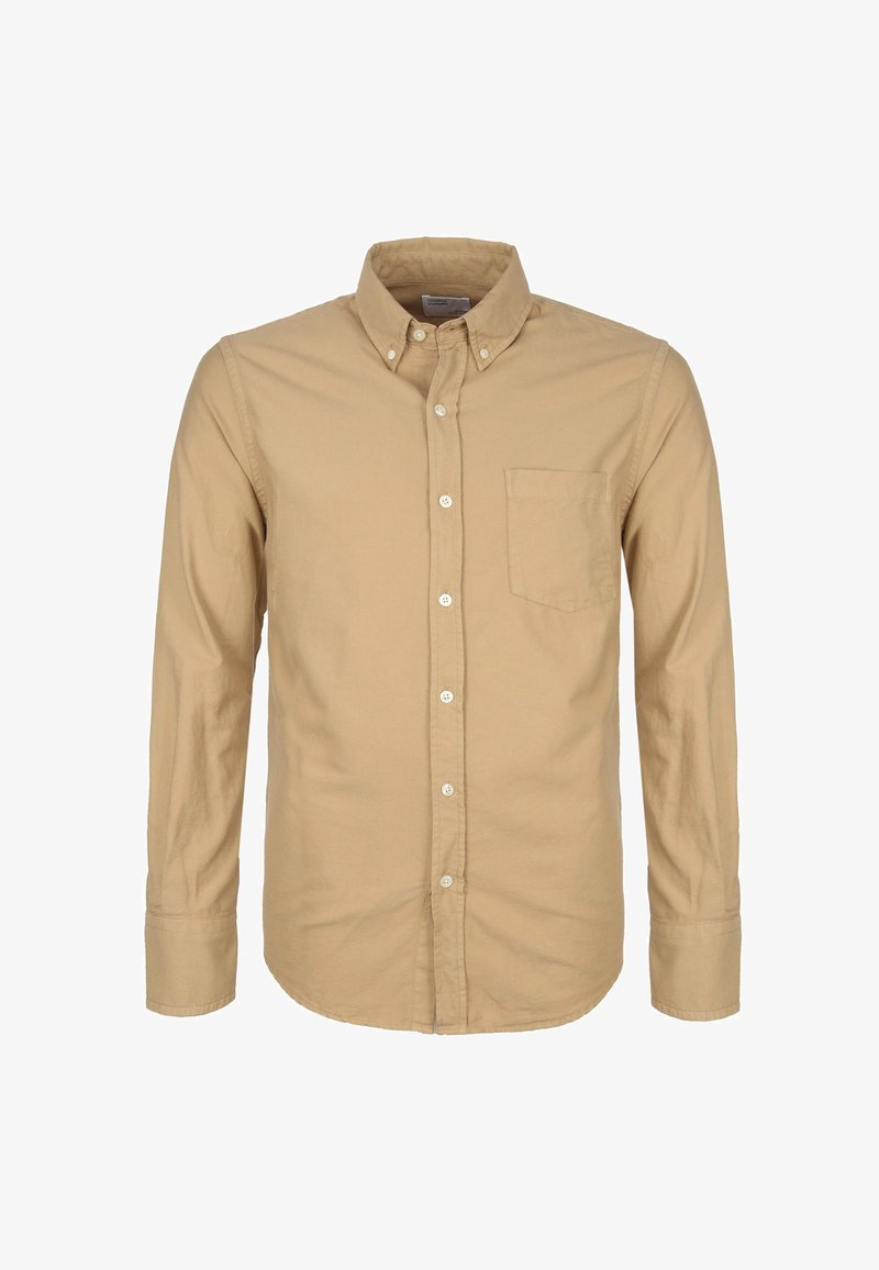Lange mouw patachshirt in lichtbruin katoen. Heeft een klassieke kraag, een enkele borstzak en witte knopen. Glad textuur.