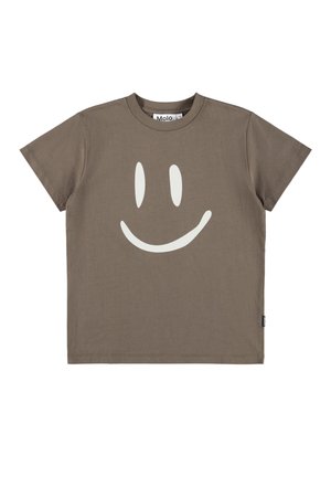 Brązowy T-shirt z krótkim rękawem z białą grafiką uśmiechniętej twarzy i okrągłym dekoltem.
