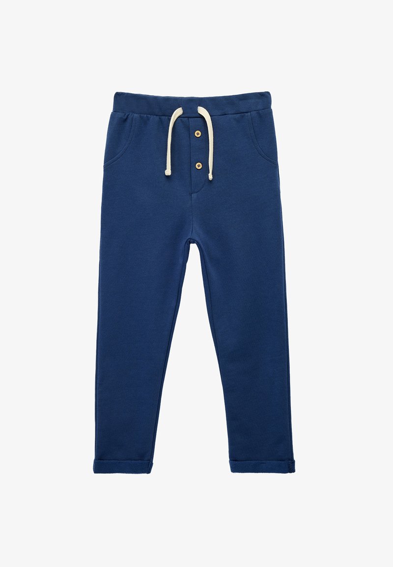 Pantalones infantiles azul marino con cintura elástica, cordones beige, dos bolsillos frontales y dos botones de madera en la zona de la cremallera.