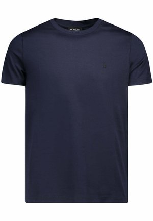 T-shirt in cotone blu navy con maniche corte, colletto a girocollo e un piccolo logo nero sul petto a sinistra. Texture liscia, vestibilità regolare.