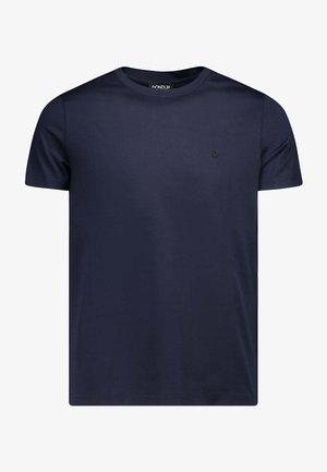 T-shirt in cotone blu navy con maniche corte, colletto a girocollo e un piccolo logo nero sul petto a sinistra. Texture liscia, vestibilità regolare.