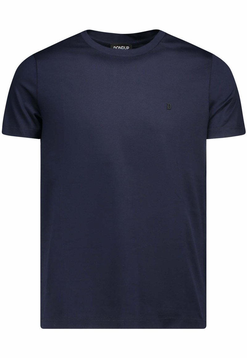 T-shirt in cotone blu navy con maniche corte, colletto a girocollo e un piccolo logo nero sul petto a sinistra. Texture liscia, vestibilità regolare.