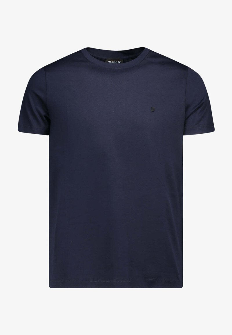 T-shirt in cotone blu navy con maniche corte, colletto a girocollo e un piccolo logo nero sul petto a sinistra. Texture liscia, vestibilità regolare.