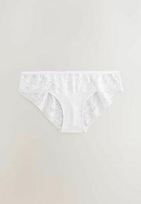 Vit underkläder med en blommig spetsmidja. Huvuddelen är slät med en elastisk textur. Spetsen har en vågig kant och intrikata mönster.