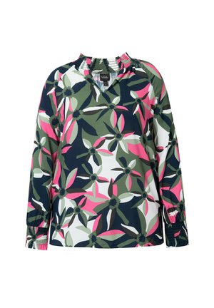 Bloemmotief blouse met marineblauw, groen, roze en witte kleuren. Het heeft een V-hals, plooikraag en elastische manchetten.