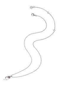 Sølvfarvet halskæde med en isvaffel vedhæng prydet med pink ædelsten. Delikat kæde med karabinlås og justerbar længde.