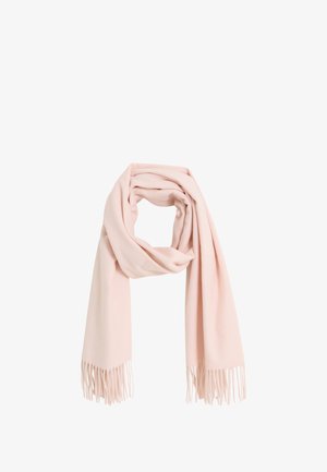 Écharpe rose pâle en tissu doux, avec des franges aux deux extrémités. Légère et à la texture lisse.