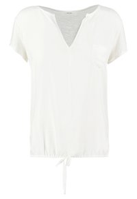 Bílá halenka s krátkými rukávy, výstřihem do V, přední kapsou a nastavitelným stahovacím lemem. Vyrobena z lehké hladké látky s jemnou texturou.