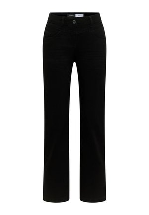Schwarze Gerade Jeans mit Frontknopf und Taschen, mit dem Etikett "Cecil Denim" am Bund.