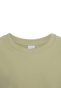 Hellgrüner, gerippter Pullover mit rundem Ausschnitt und glatter Textur. Das Etikett trägt die Aufschrift "LASCANA" in der Nähe des Kragens.