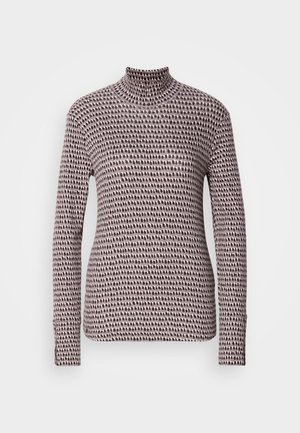 Langsleeve turtleneck top van een gestructureerde, lichtroze stof met een stippenpatroon in donkere tinten. Strakke pasvorm met hoge kraag.