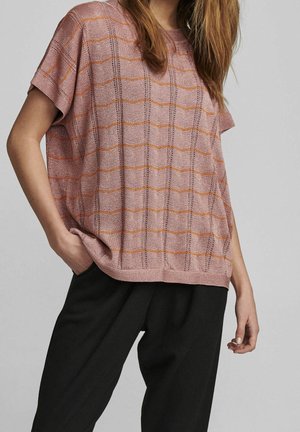Pink and orange striped knit top with short sleeves and loose fit, featuring a textured pattern and a hem that extends past the waist.